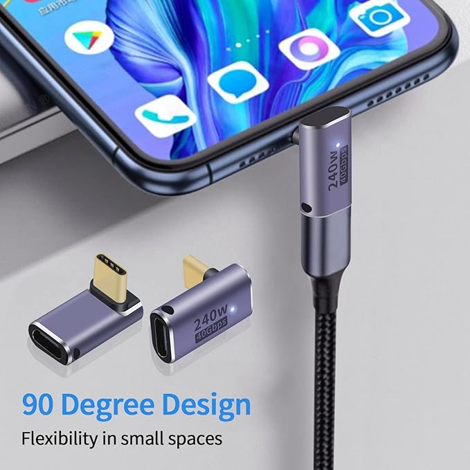 USB C 90 degree, Right Angle Adapter,USB C Female to Female Adapter240W PD, 40Gbps and 8K video]supports Thunderbolt 4/3 cable for laptops, tablets and phones (2 packs) (Right Angle Type-C Adapter)