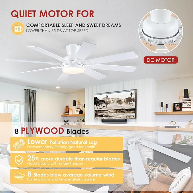 Ceiling Fans with Lights- 52" Low Profile Indoor Ceiling Fan with Light and Remote/APP Control, 8 Blade,Flush Mount, LED Dimmable DC Reversible Modern Ceiling Fan for Bedroom（White）