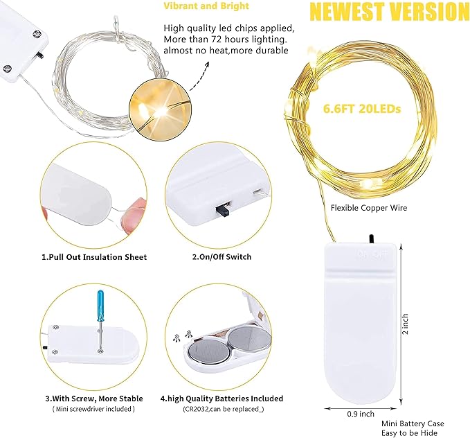 SmilingTown 15 Packs 20 LED Fairy Lights Battery Operated - 6.6FT Silver Copper Wire Waterproof Starry String Light for DIY Party Christmas Costume Wedding Easter Table Decorations (Warm White)