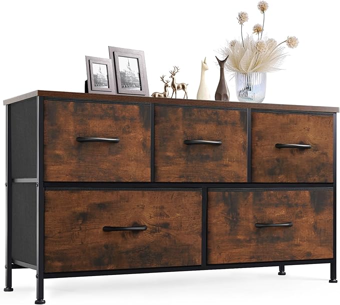 Sweetcrispy Dresser for Bedroom with 5 Storage Drawers, Fabric Storage Tower Organizer, Chest of Drawers with Metal Frame Wooden Top for Closet, Living Room, Entryway, Rust Brown