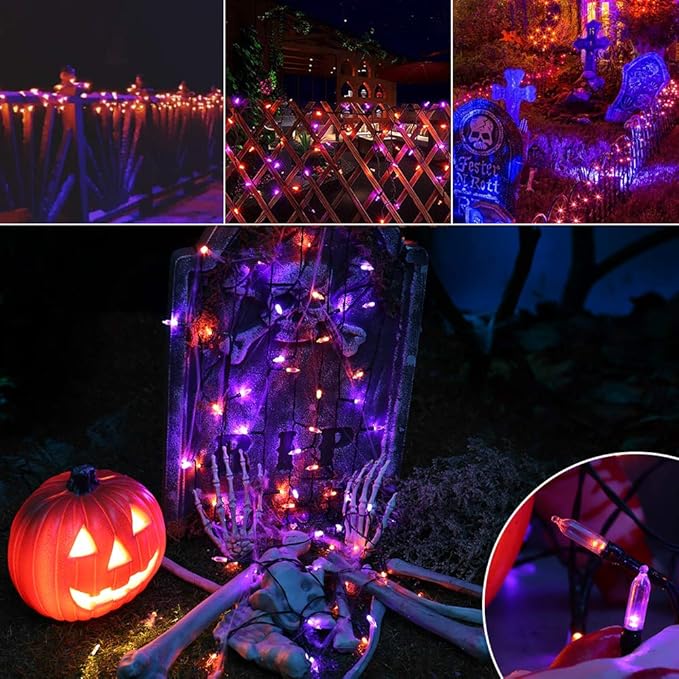 LYHOPE Orange Purple Halloween Lights Indoor, 33ft 100 LED Battery Halloween Light with 8 Mode, Timer, Waterproof Battery Operated String Lights for Home Tree Wreaths Party Yard Outdoor Holiday Decor