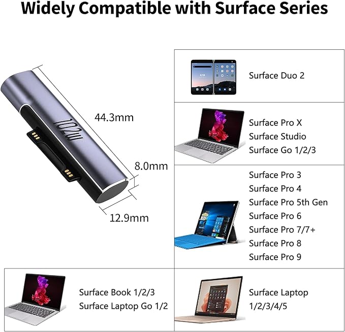 102W Magnetic Charger for Surface - USB C Female to Magnetic Male Charging Adapter, Type-C PD Power Charger Accessory for Microsoft Pro, Surface-Book, Surface-Go, Surface-Laptop, Surface-Duo 2