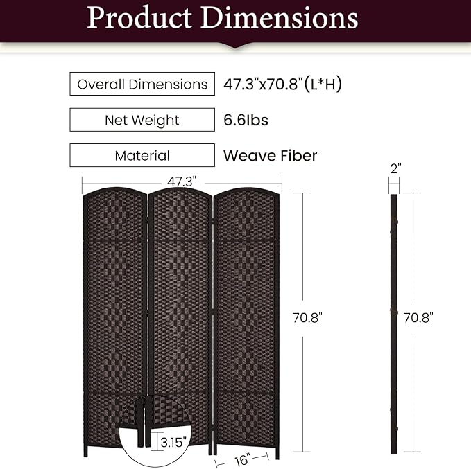 Rose Home Fashion 6 ft Tall Room Divider, Room Dividers and Folding Privacy Screens, 15.7in Privacy Screen 3 Panel Partition Temporary Wall Separation for Private, Dark Coffee