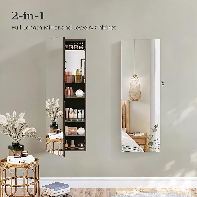 SONGMICS Jewelry Cabinet Armoire with Mirror, Wall or Door Mount Storage Organizer with Full-Length Frameless Mirror, Lockable Cabinet with Built-in Small Mirror, Shelves, Christmas Gift Idea, Brown