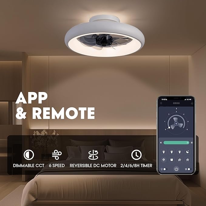Ceiling Fans with Lights and Remote, 15'' Low Profile Flush Mount Ceiling Fan with Lights, 6 Wind Speeds, Modern Dimmable LED Ceiling Fan, Smart Ceiling Fan for Bedroom, Kids Room (White)