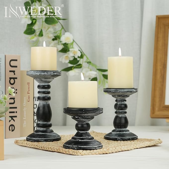 Wood Pillar Candle Holder: 3Pcs Rustic Black Candle Holders for Pillar Candles Wood Candle Holders Distressed Wooden Farmhouse Candle Holder Large Rustic Candle Holder for Fireplace Table