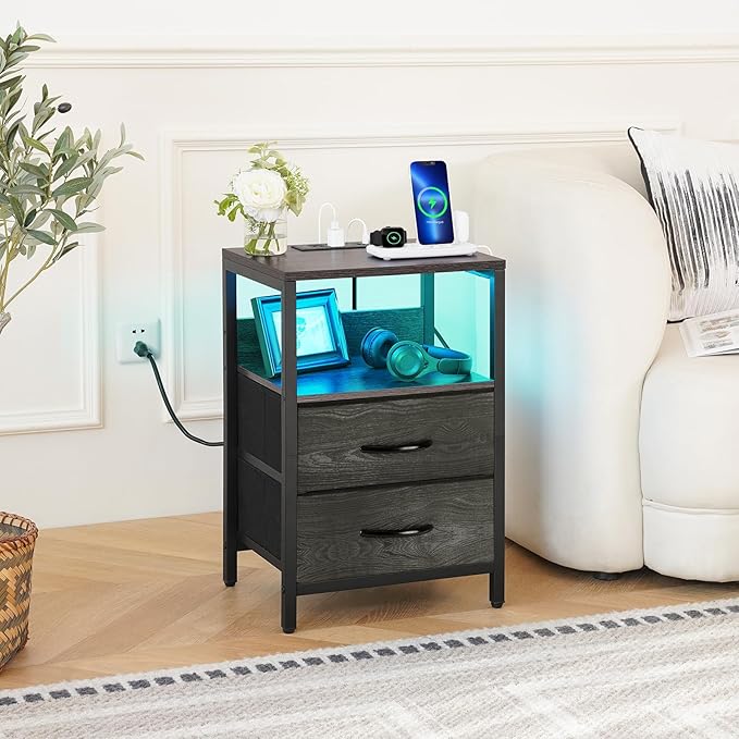 Yoobure Nightstand with Charging Station, LED Night Stand with Fabric Drawers and Storage Shelf for Bedroom, Nightstands Bedside Tables with USB Ports & Outlets, Small Night Stands, Bed Side Table