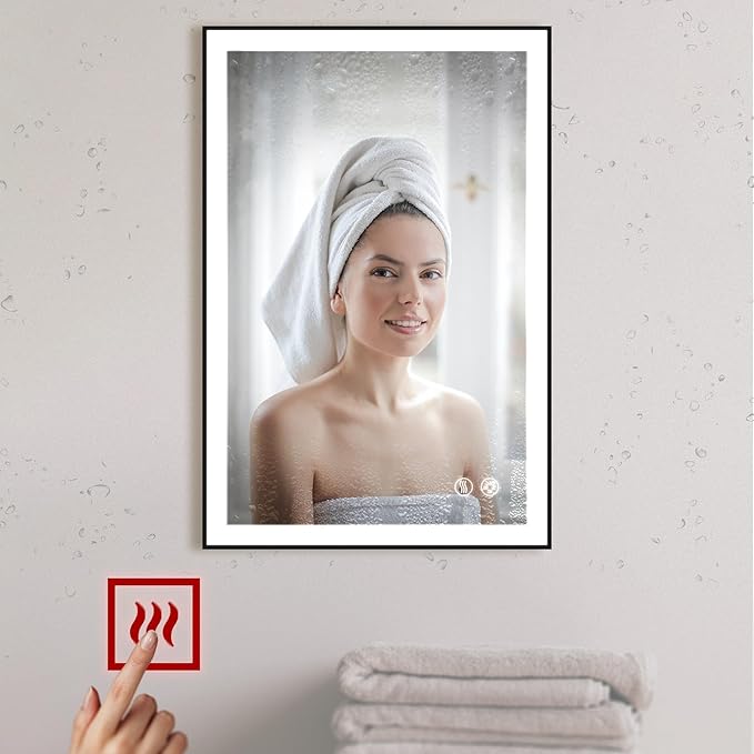 Fab Glass and Mirror LED Lighted Bathroom Mirror 30 x 40 Inch, Black Framed Wall Mounted Dimmable Vanity Mirror, Anti-Fog Touch Sensor, Adjustable Color Warm/White/Natural