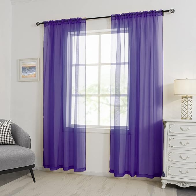 HUTO Purple Sheer Curtains 96 Inches Long for Bedroom Girls Rod Pocket Window Sheer Panels Drapes for Living Room Classroom Set of 2 Panels 52 inches Wide