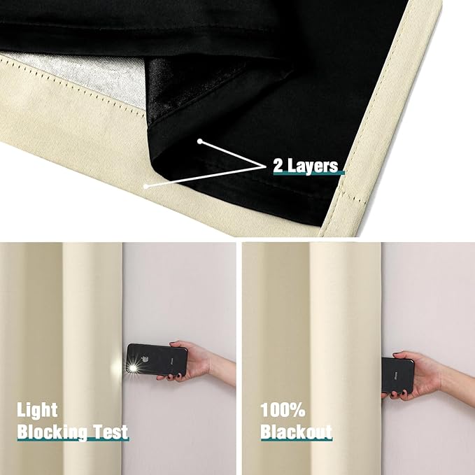 ChrisDowa 100% Blackout Curtains 84 inch Long for Bedroom with Black Liner, 2 Thick Layers Total Blackout Thermal Insulated Grommet Window Curtains 2 Panels Set (Light Beige, 38 x 84 Inch)