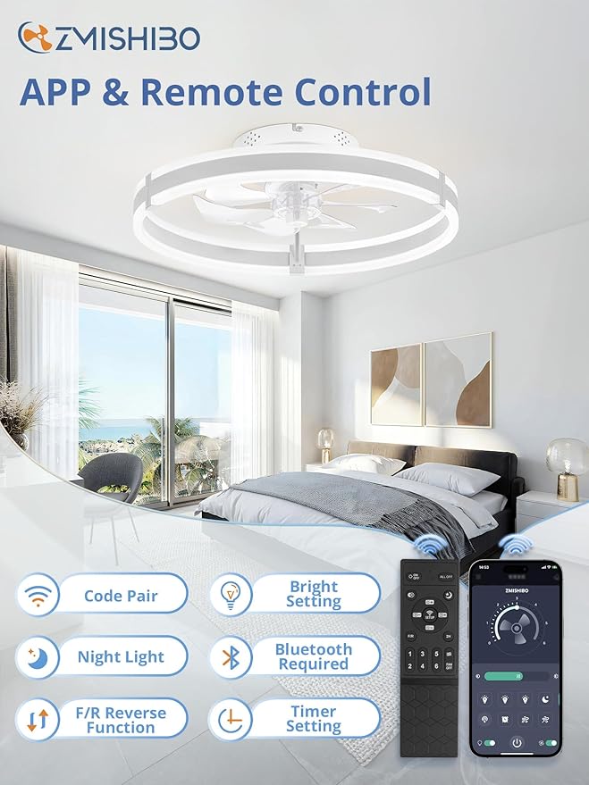 ZMISHIBO Ceiling Fans with Lights and Remote, 19.7'' Low Profile Ceiling Fan, 3000-6000K Dimmable Modern Flush Mount LED Fan Light, 6 Wind Speeds, White Fandelier Ceiling Fans for Bedroom