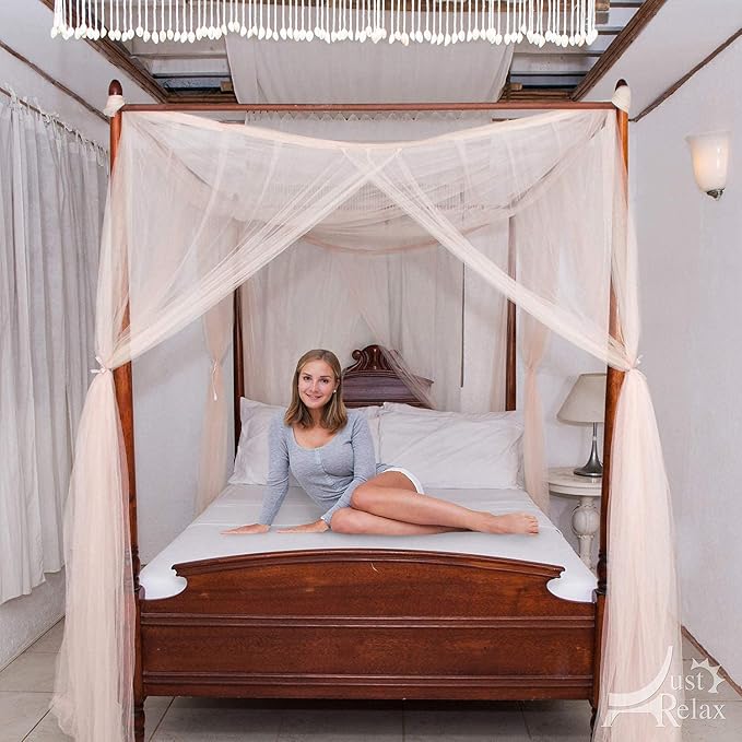 Just Relax Four Corner Post Decorative Elegant Bed Net Canopy Set, Beige, Full/Queen/King, 86.6x78.7x98.4 Inches