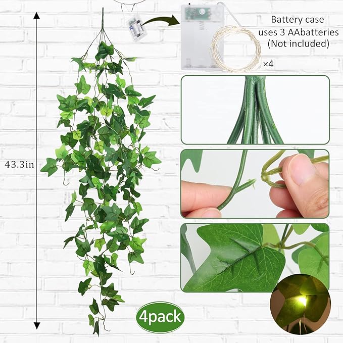 RECUTMS Hanging Fake Plants 4 Pack Artificial Vines Silk Ivy Greenery Garland with 30 LED Fairy String Lights Indoor and Outdoor Home Garden Hotel Green Leaves Wedding Bedroom Office Decoration