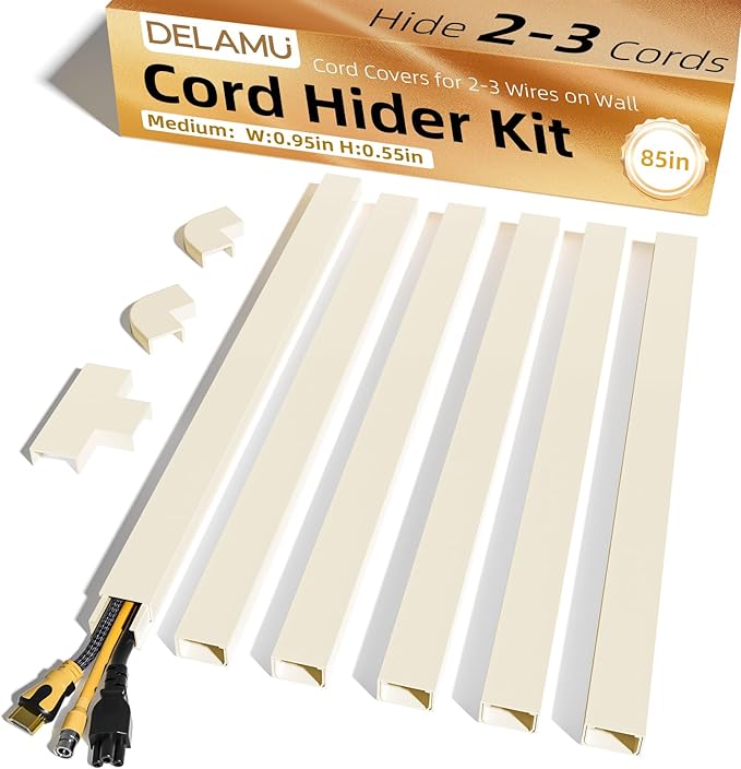 Delamu Beige Cord Hider, 85in Cord Covers for 2-3 Wires on Wall, Self-Adhesive Cable Hider, Wire Hiders Wire Covers for TV Cords on Wall, Easy Mount Cable Cover Raceway Kit, W0.95 H0.55in, Beige
