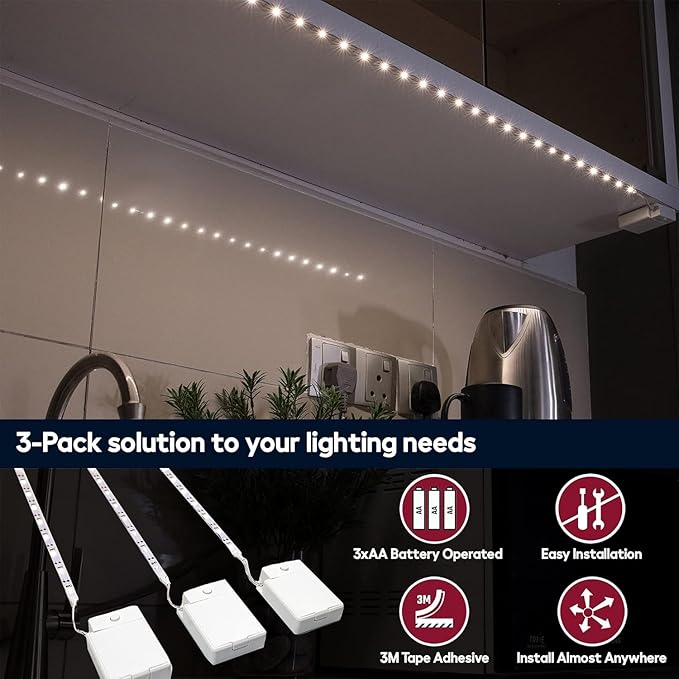 Battery Powered LED Strip Lights, 3 Pack 40 Inch Battery Operated LED Strip Lights for Shelves and Under Cabinet Indoor Use, Cordless LED Light Strips Warm White 2700K