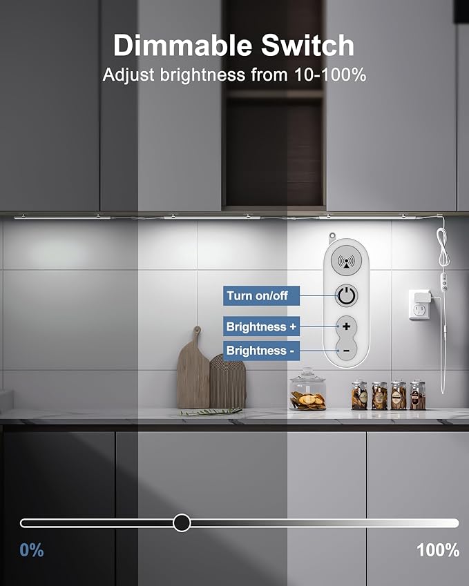 Remote Control Under Cabinet Led Light Plug in, Dimmable Daylight White 4500K, 3 Pack 12 inch Linkable Led Under Counter Lights for Kitchen Upgrade ETL Listed Plug 24V, UNO-LK 4500K