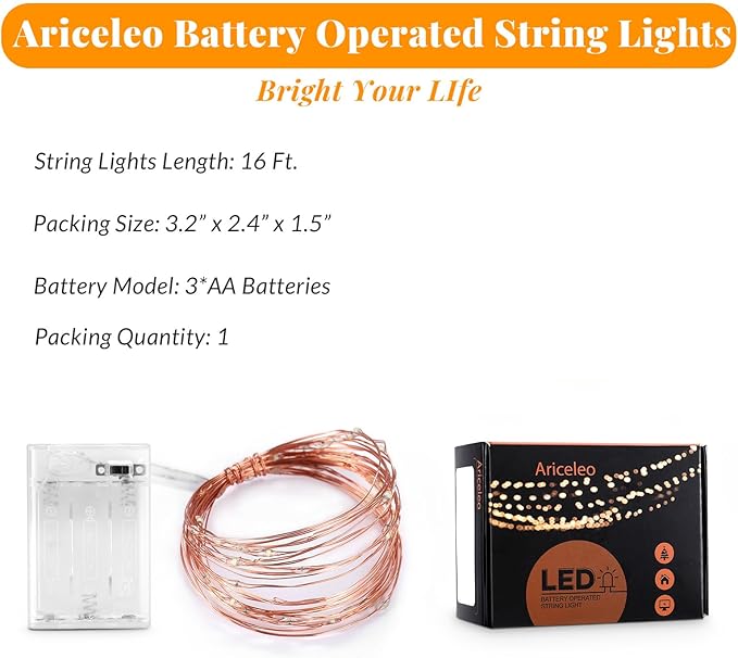 Led Fairy Lights Battery Operated, 1 Pack Mini Battery Powered Copper Wire Starry Fairy Lights for Bedroom, Christmas, Parties, Wedding, Centerpiece, Decoration (5m/16ft Cool White)