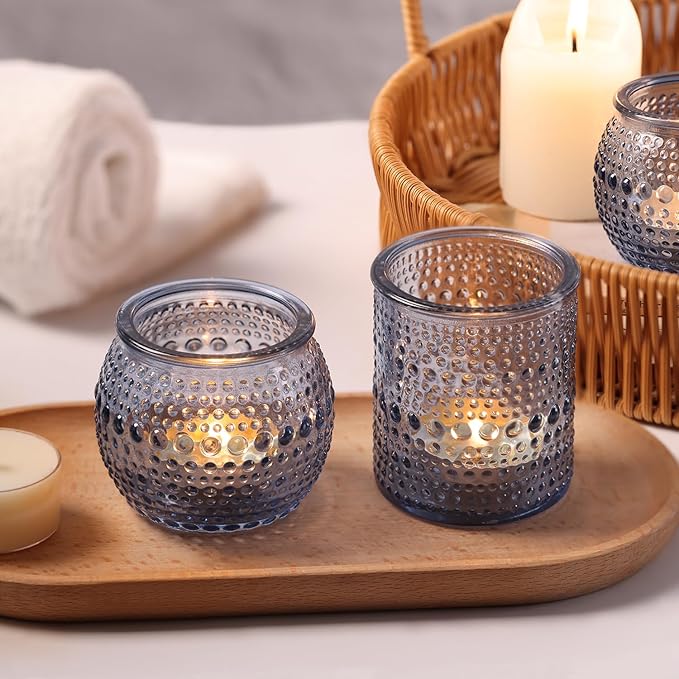 16 Pcs Assorted Blue Votive Candle Holders- Tea Light Candle Holder Glass for Wedding Bridal Shower Table Decor, Blue Candle Holders for Fall, Thanksgiving, Vintage Wedding Table Decor