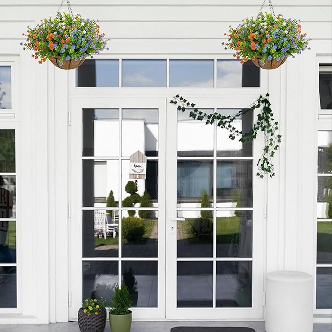 Artificial Hanging Flowers Basket for Outdoor, 16 Fake Flowers Look Real UV Resistant, Faux Hanging Plants for Porch, Balcony, Patio, Garden, Spring Summer Decor,MixA