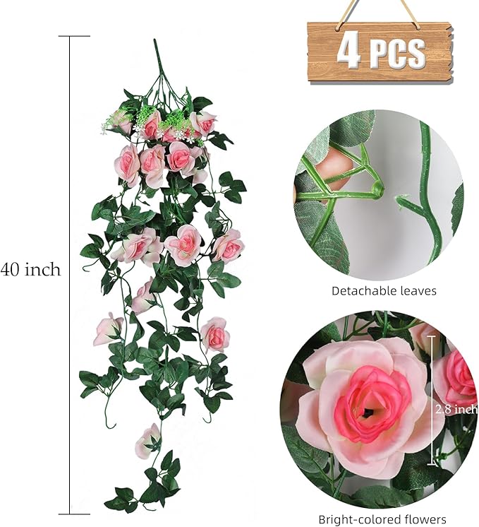 RECUTMS 4PCS Artificial Rose Hanging Flower 32 in Fake Garland for Home Room Garden Wedding Indoor Outdoor Decoration (Champagne)
