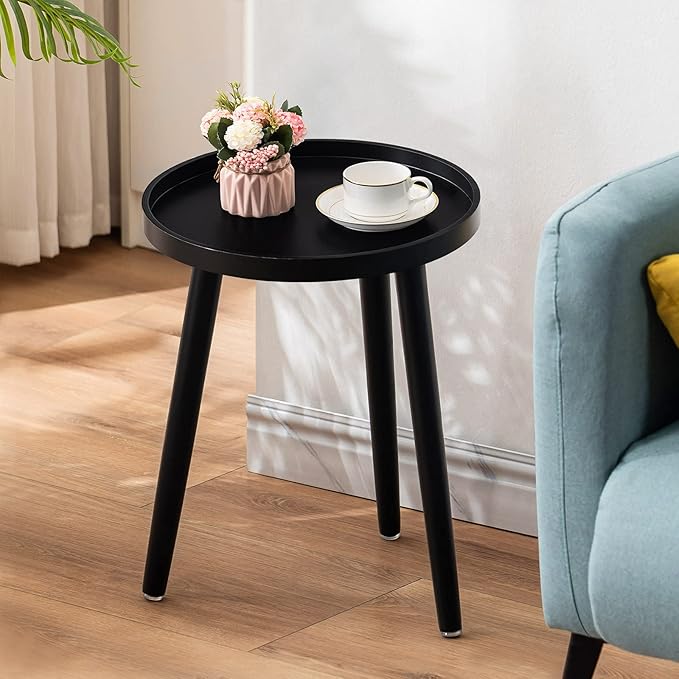 Apicizon Black Round Side Table Set of 2, Tray Nightstand Sofa Coffee End Table for Living Room, Bedroom, Small Spaces, Easy Assembly Bedside Table, 15 x 18 Inches, Black
