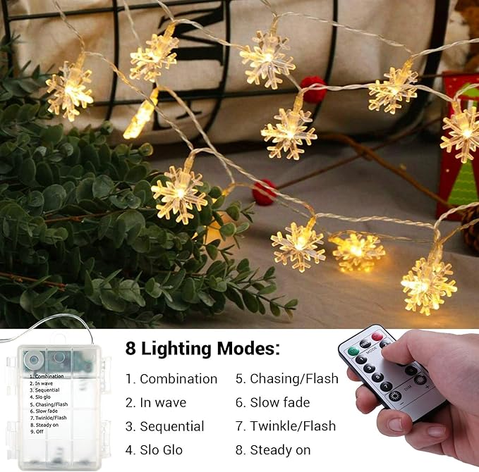 BrizLabs Snowflake Lights, 40 LED 16.08ft Christmas Lights with Remote, Twinkle Snowflake String Lights Battery Operated, 8 Modes Xmas Light Waterproof for Outdoor Indoor Tree Room Decor, Warm White