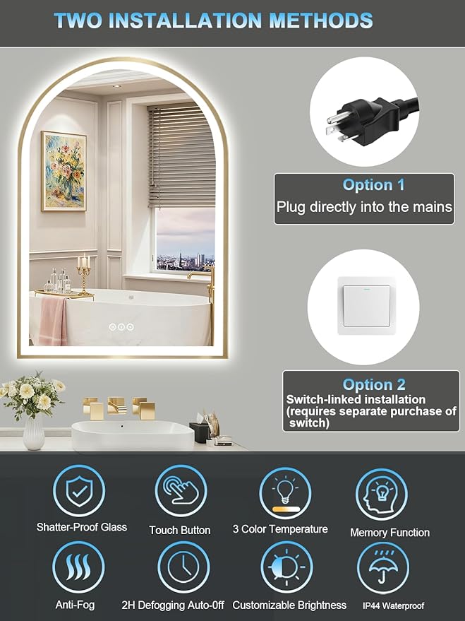 Gold Arch Mirror with Lights, 24x36 Inch Led Mirror for Bathroom, Wall-Mounted Mirror with Anti-Fog, Memory Function, 3 Color Temperature, Dimmable Led Bathroom Mirror