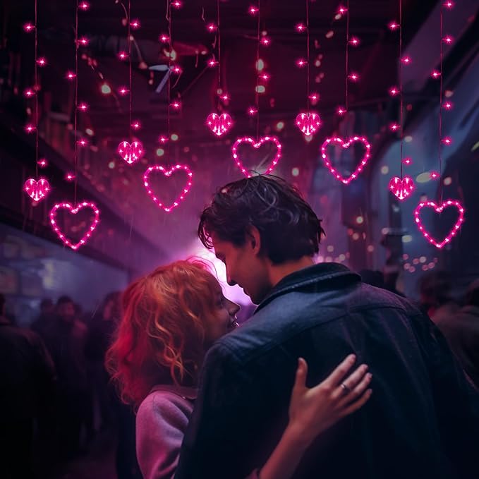 Valentines Day Decor, Pink Love Heart String Lights for Bedroom, 12 Hearts 138 LED Fairy Twinkle Lights with Remote, 8 Lighting Modes Connectable Window Lights for Valentine's Day Wedding Home Decor