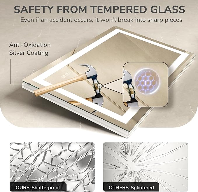 USHOWER LED Bathroom Mirror 60x36 Inch with Lights - Frameless Tempered Glass LED Backlit Lighted Mirror for Bathroom Vanity with Anti-Fog, 3 Colors Dimmable, Memory Function, Wall-Mounted