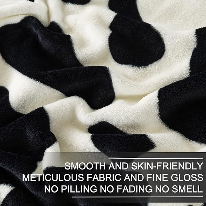 Fleece Cow Print Blanket - Premium Lightweight Anti-Static Bed Cow Throws Soft Cozy Warm Blankets Plush Gift, Bedroom Decor 90" x 108"(Black Cow King)