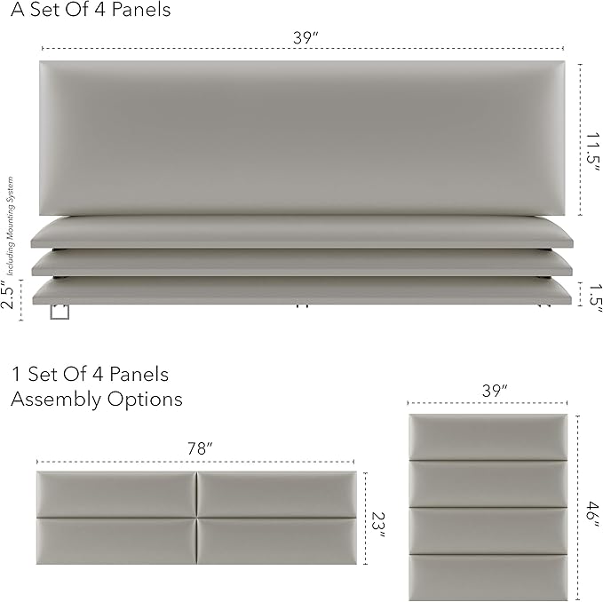 Vänt Upholstered Wall Panels - King/Cal King Size Wall Mounted Headboards - Metallic Neutral Champagne - Twin/King - Set of 4 Panels (Each Individual Panel 39"x11.5")