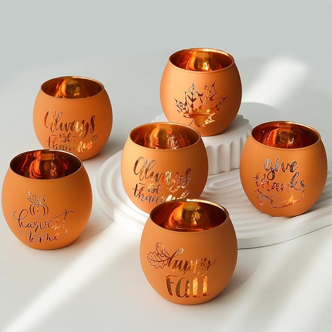 WDHODEC Thanksgiving Candle Holders 6 Pieces Orange Pumpkin Glass Votive Candle Holder for Fall Wedding, Party, Table Centerpiece Décor Thanksgiving Decorations Indoor and Outdoor