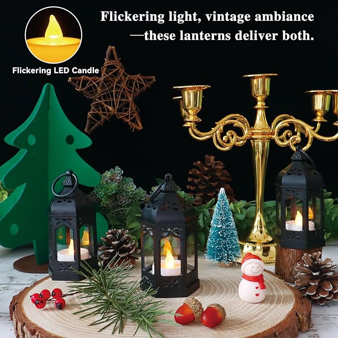 LLQ 12Pcs Mini Lanterns with Small LED Candle, Ramadan Lanterns Decorative Indoor, Vintage Black Lantern for Ramadan EID Decorations Halloween Christmas Wedding Table Centerpiece, Battery Included