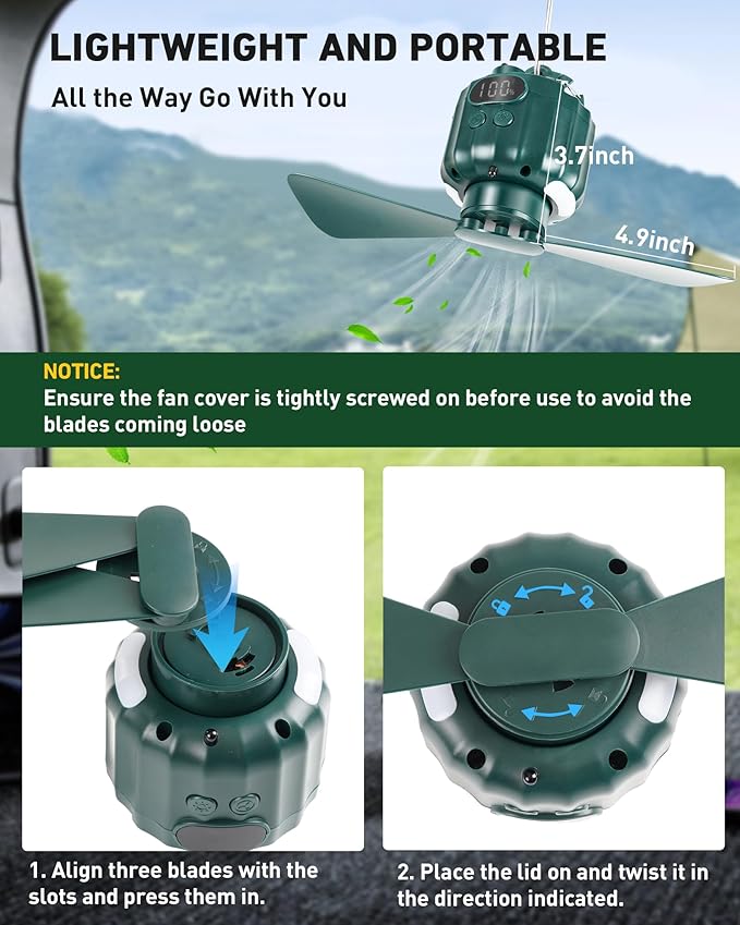 DUKUSEEK Tent Ceiling Fans for Camping, 10400mAH Large Capacity Portable Hanging Tent Fans with Light and Remote Control, USB Battery Operated Camping Fan for Canopy Tent Beach army green