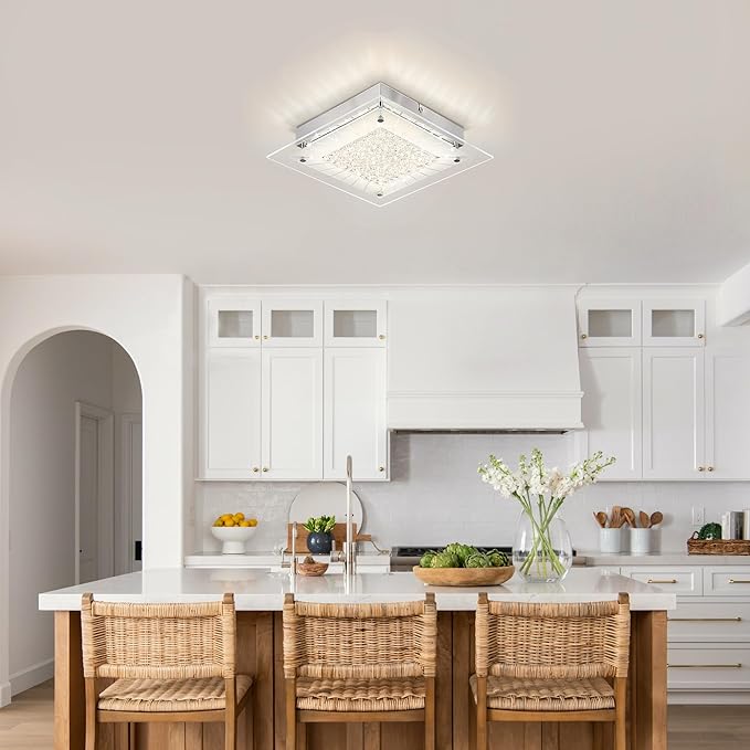 Flush Mount Ceiling Light 11IN Hallway Light Fixtures Ceiling Square Crystal Ceiling Light Fixture Dimmable Light Fixtures for Kitchen, Bathroom, Bedroom, Hallway Ceiling Lights