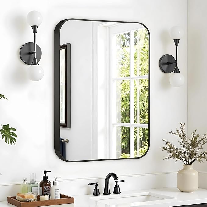 24"x36" Brushed Matte Black Metal Framed Rounded Rectangle Mirror, Wall Mounted Mirrors for Bathroom Entryway Vanity Living Room Bedroom, Vertical or Horizontal