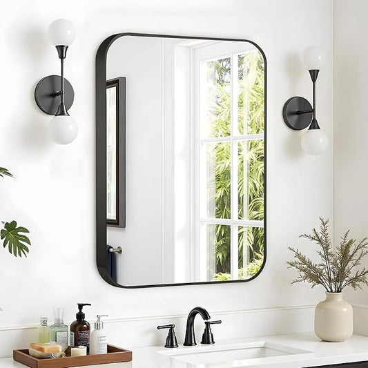 24"x36" Brushed Matte Black Metal Framed Rounded Rectangle Mirror, Wall Mounted Mirrors for Bathroom Entryway Vanity Living Room Bedroom, Vertical or Horizontal