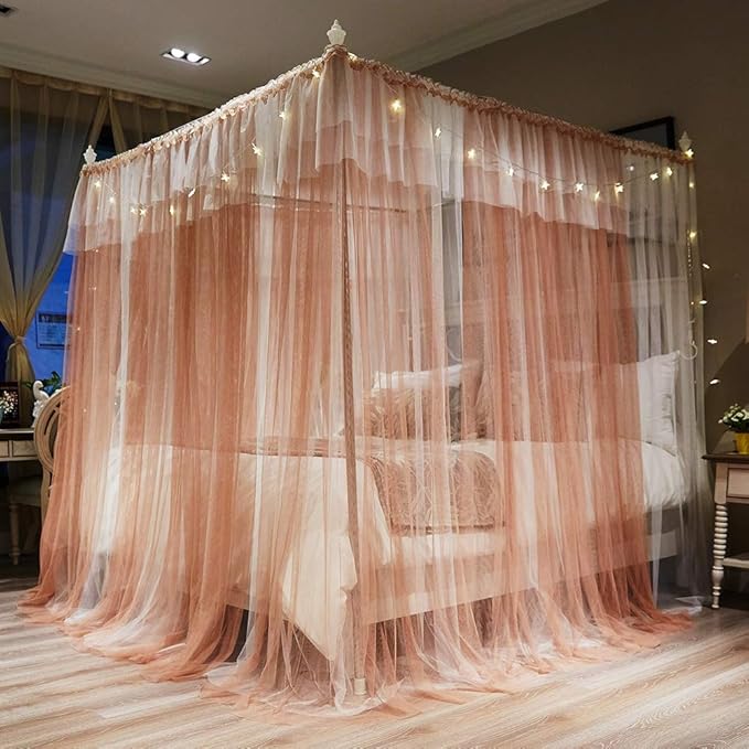 Joyreap Luxury 4 Corners Post Canopy Bed Curtains - Coral & White Cozy Drape Netting - Cute Princess Style Decoration Accessories(Reddish Brown, 59" W x 78" L, Full/Queen)