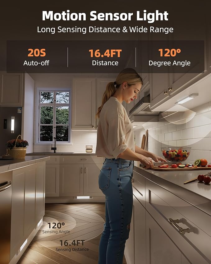 EZVALO 6-Pack Under Cabinet Lighting, 7.8" Wireless Closet Lights, 30 LED Rechargeable Motion Sensor Light, Dimmable, 3 Color Temperatures, Counter Lights for Kitchen, Pantry, Bedroom, Wardrobe