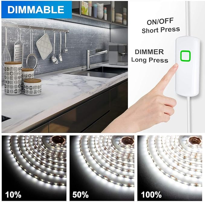 MYPLUS 32.8 FT White Strip Lights, Dimmable LED Tape Light 6500K Bright Daylight White, Flexible Under Cabinet Lights with 600 LEDs and UL Listed Safety Power Supply for Room,Kitchen and décor