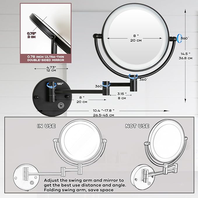 Hard Wired Make up Mirror Magnifying Lighted Black Wall Mounted, 8" 1X/5X Double-Sided 360 Swivel Extendable Arm Bathroom Makeup Mirror Wall Mount, Touch Dimmable, Matt Black