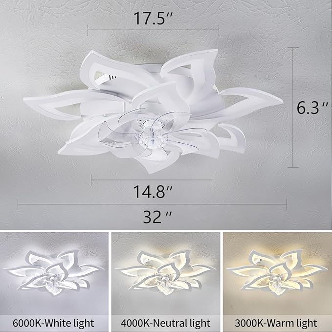 32" White Ceiling Fan with Light Remote Control, Modern Geometric Ceiling Fan with Lights, 6 Speeds 3 Light Color Low Profile Ceiling Fan for Kitchen Bedroom