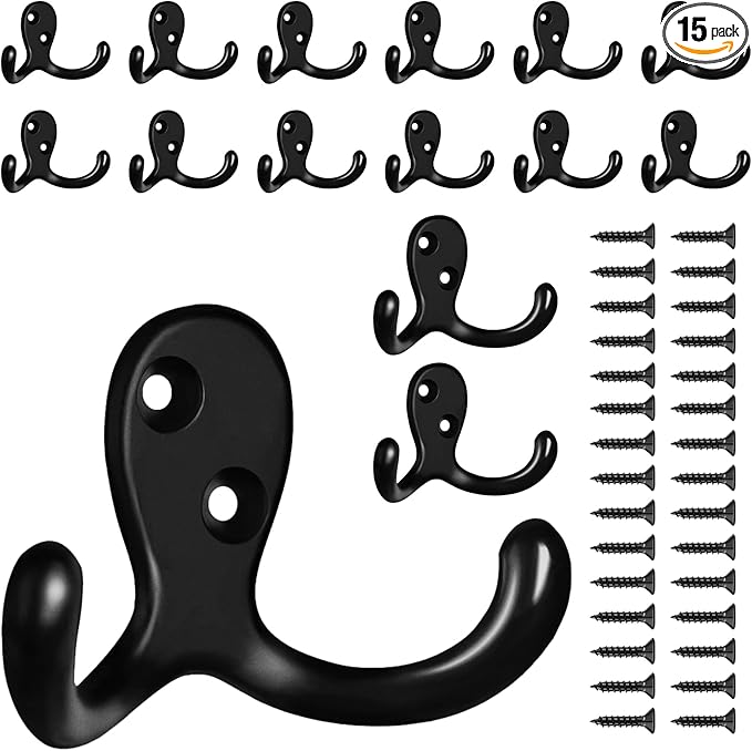 15 Pack Coat Hooks Wall Hooks for Hanging, Heavy Duty Double Prong Metal Hook Wall Mounted for Living Room, Bathroom, Kitchen, Bedroom for Coat, Bag, Scarf, Towel, Hat, Key, Cup (Black)