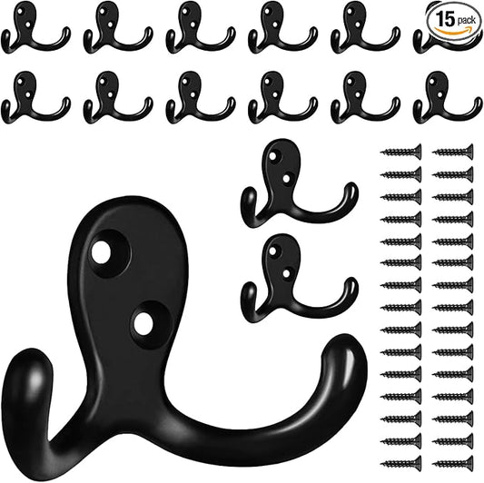 15 Pack Coat Hooks Wall Hooks for Hanging, Heavy Duty Double Prong Metal Hook Wall Mounted for Living Room, Bathroom, Kitchen, Bedroom for Coat, Bag, Scarf, Towel, Hat, Key, Cup (Black)