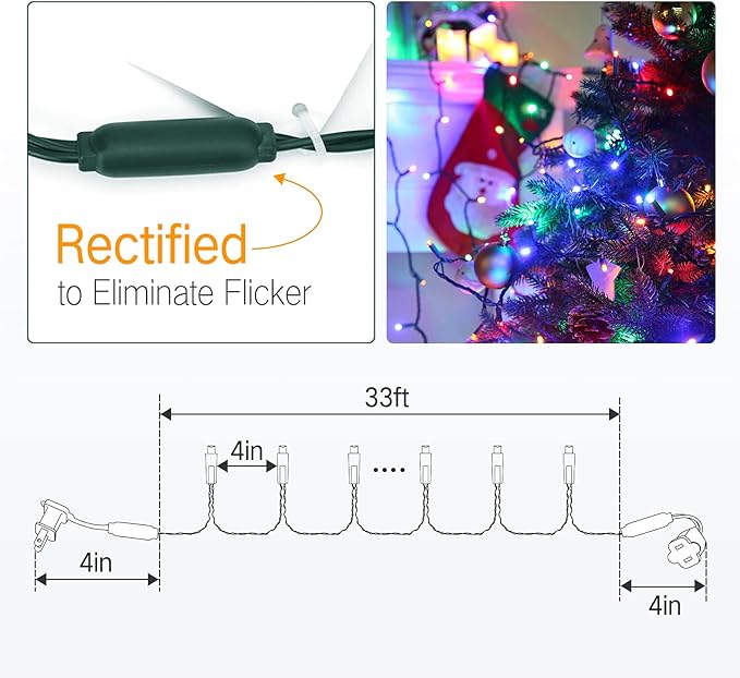 Brizled Multi Color Christmas Lights, 33ft 100 LED Christmas Tree Lights, 5mm Wide Angle Xmas Light, Connectable 120V UL Certified Xmas Light String for Tree Party Wedding Home Indoor Outdoor Decor