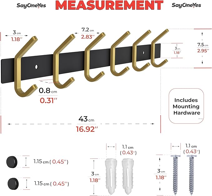 Coat Rack Wall Mount – Black and Gold Hook Rail with 6 Double Coat Hooks, 17 Inch Stainless Steel Wall Hooks for Entryway, Bathroom, Bedroom, Closet, Towel, Hat, Bag, Heavy Duty Organizer - 2 Pack