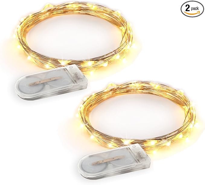 2 Sets 20 LEDs Warm White Color String Lights Silver Wire Indoor and Outdoor 6.5 Feet Firefly Starry Fairy Lights Battery Powered for DIY, Christmas, Holidays, Party, Bedroom and Centerpieces