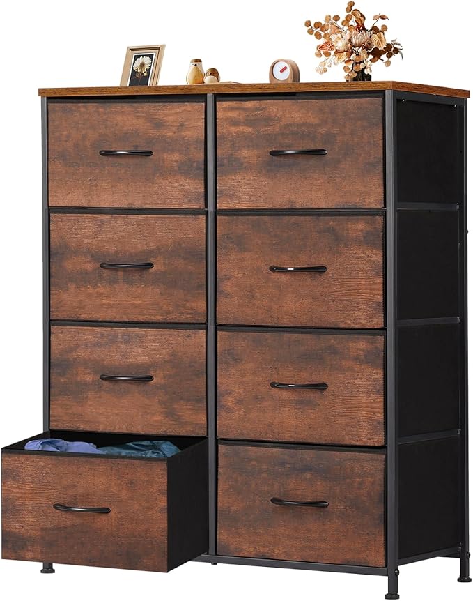 OLIXIS Dresser for Bedroom, 8 Storage Drawers, Tall Large Fabric Storage Tower Organizer, Chest of Drawers with Metal Frame Wooden Top for Nursery, Closet, Living Room, Entryway, Classic Rust Brown