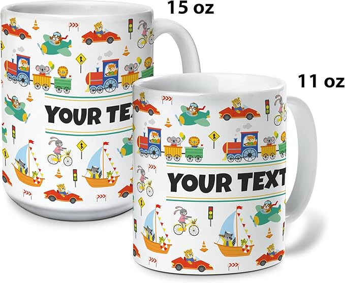 Personalized Mug for Kids - Vehicles - Custom Name/Text, Ceramic Hot Chocolate/Cocoa/Coffee Cup for Boys, Birthday/Christmas/Holiday Gift - 11 oz, Black Handle