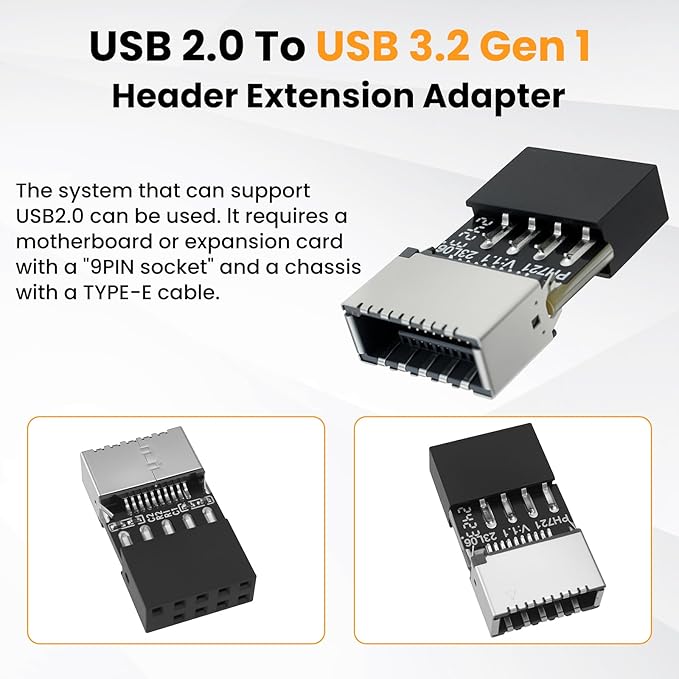 USB 2.0 to USB 3.2 Gen 1 Header Adapter, 9Pin Male to Type-E Key-A Female Mainboard Header Extension Adapter for Extending Type-C Ports on Front Panel of PC